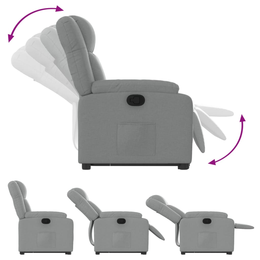 Rise and recline armchair, light grey, fabric