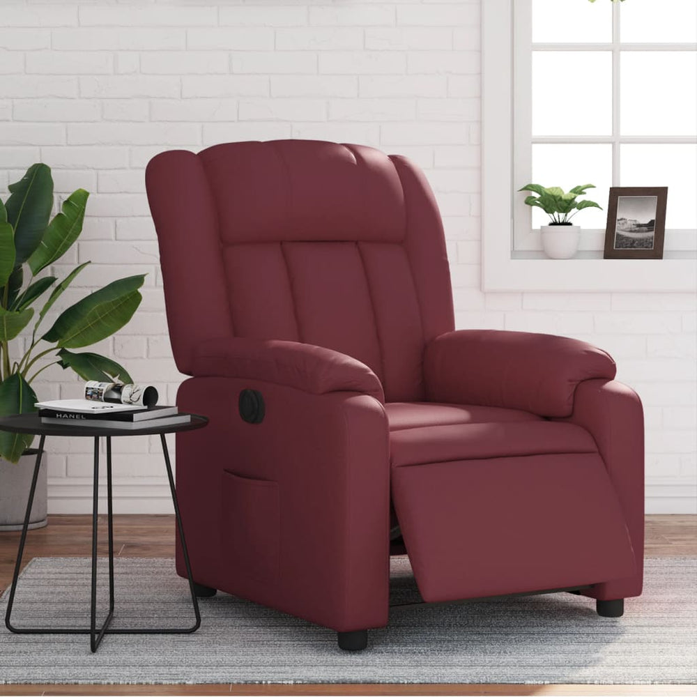Electric reclining armchair, burgundy, artificial leather