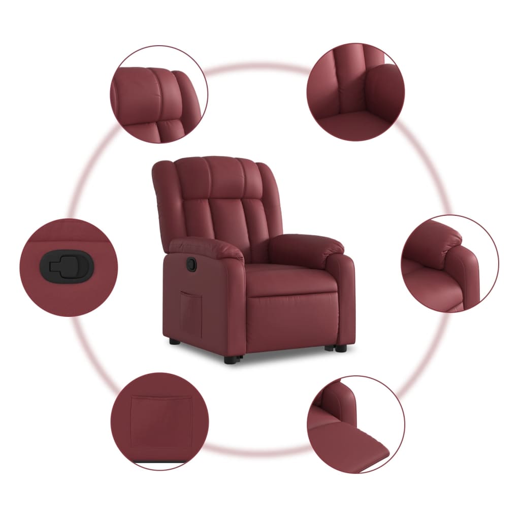 Reclining stand-up armchair, red wine, artificial leather