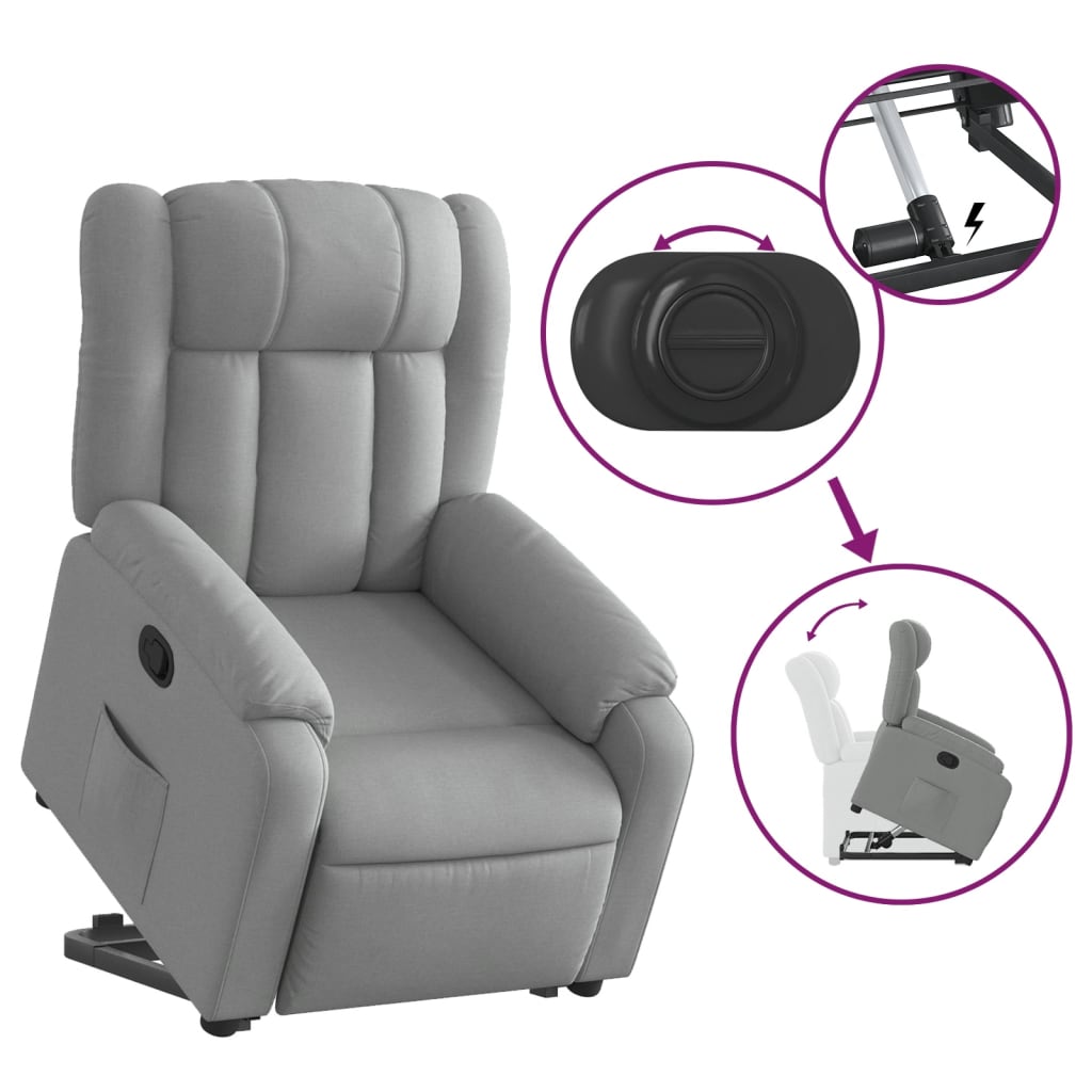 Rise and recline armchair, light grey, fabric