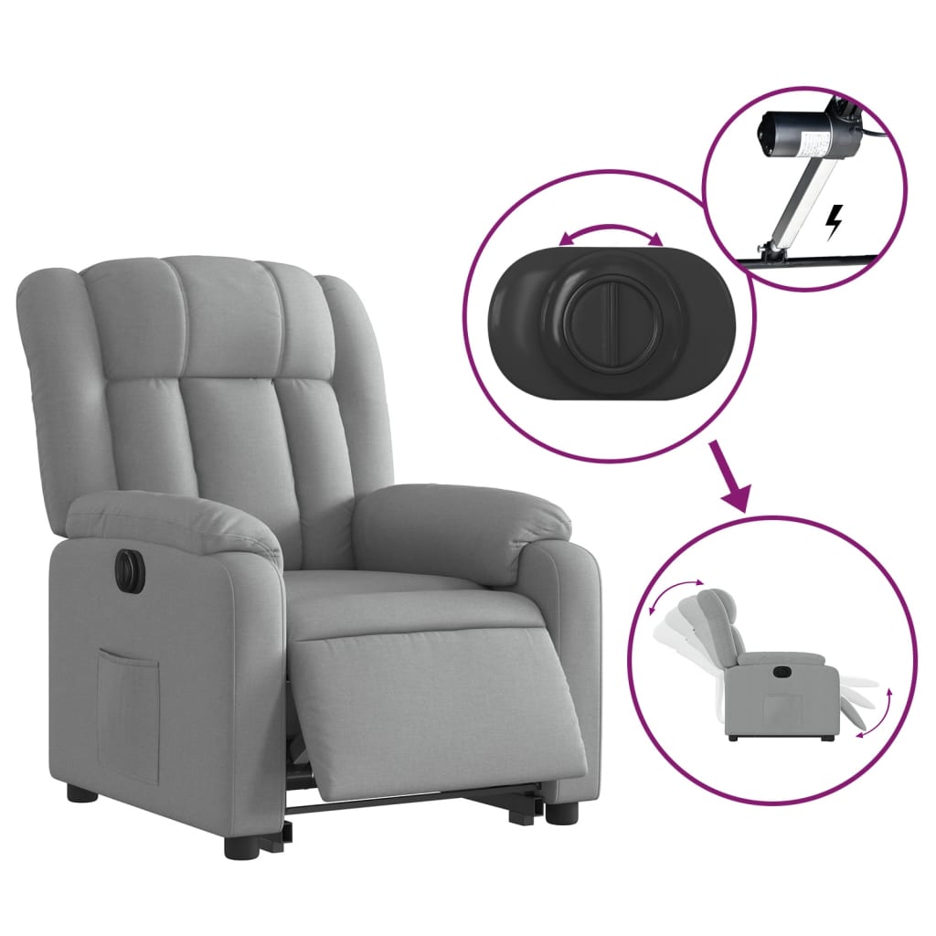 Rise and recline armchair, light grey, fabric