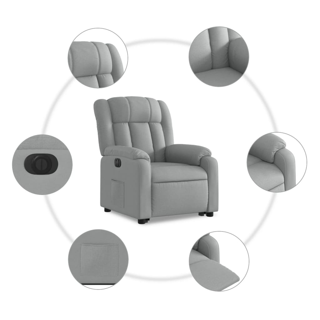 Rise and recline armchair, light grey, fabric