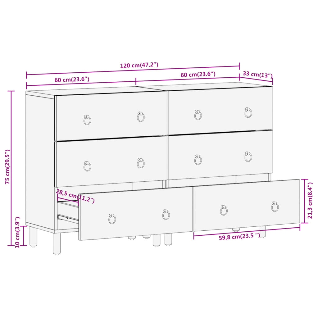 Sideboards, 2 pcs., 60x33x75cm, solid mango wood