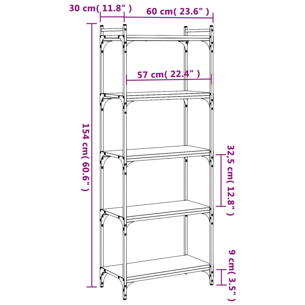 Bookcase, 5-tier, black, 60x30x154cm, engineered wood