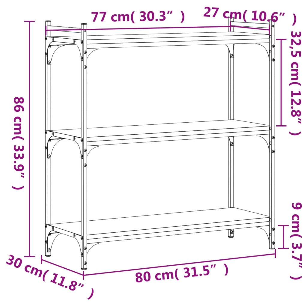 Bookcase, 3-tier, smoky oak, 80x30x86cm, wood