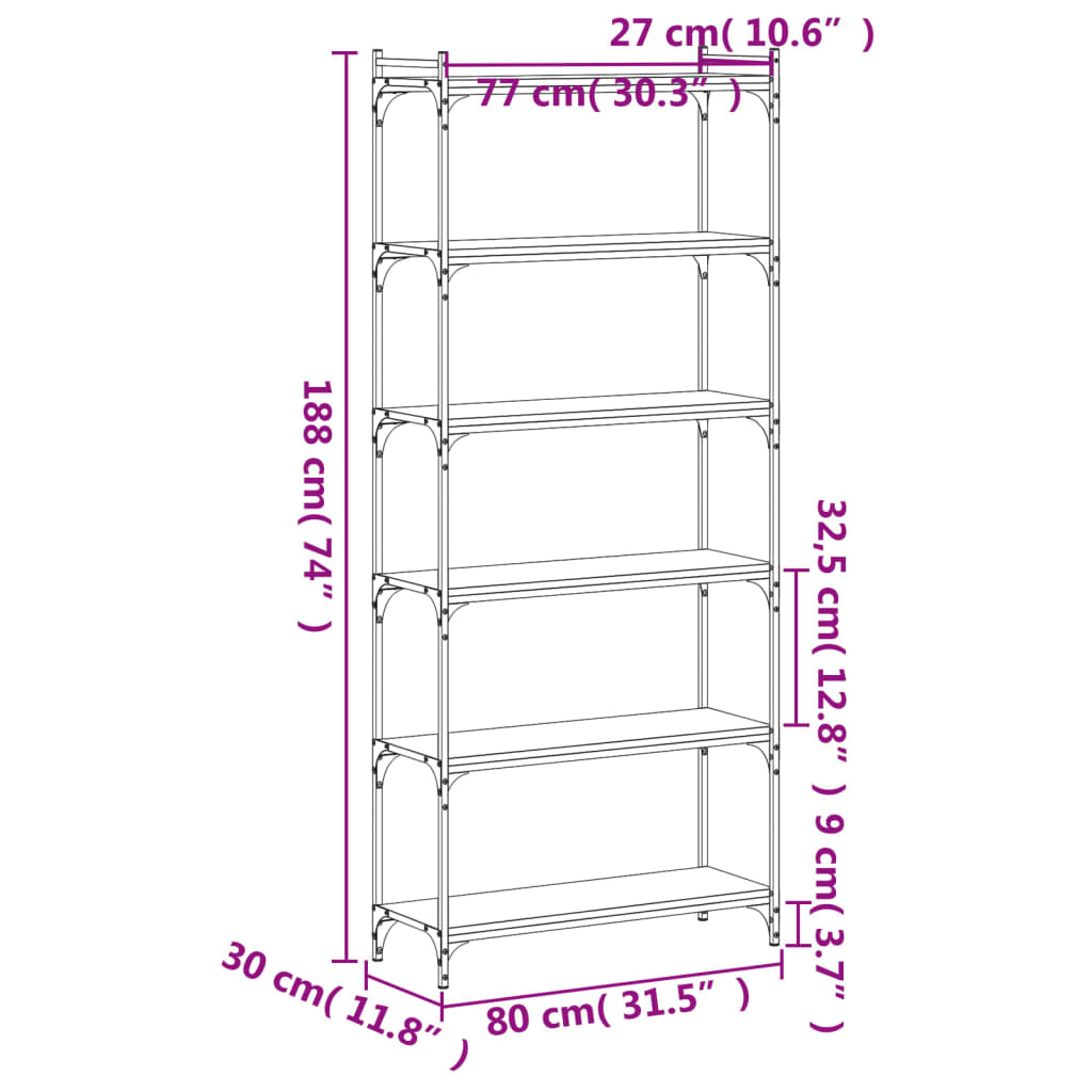 Bookcase, 6-tier, smoked oak, 80x30x188cm, wood