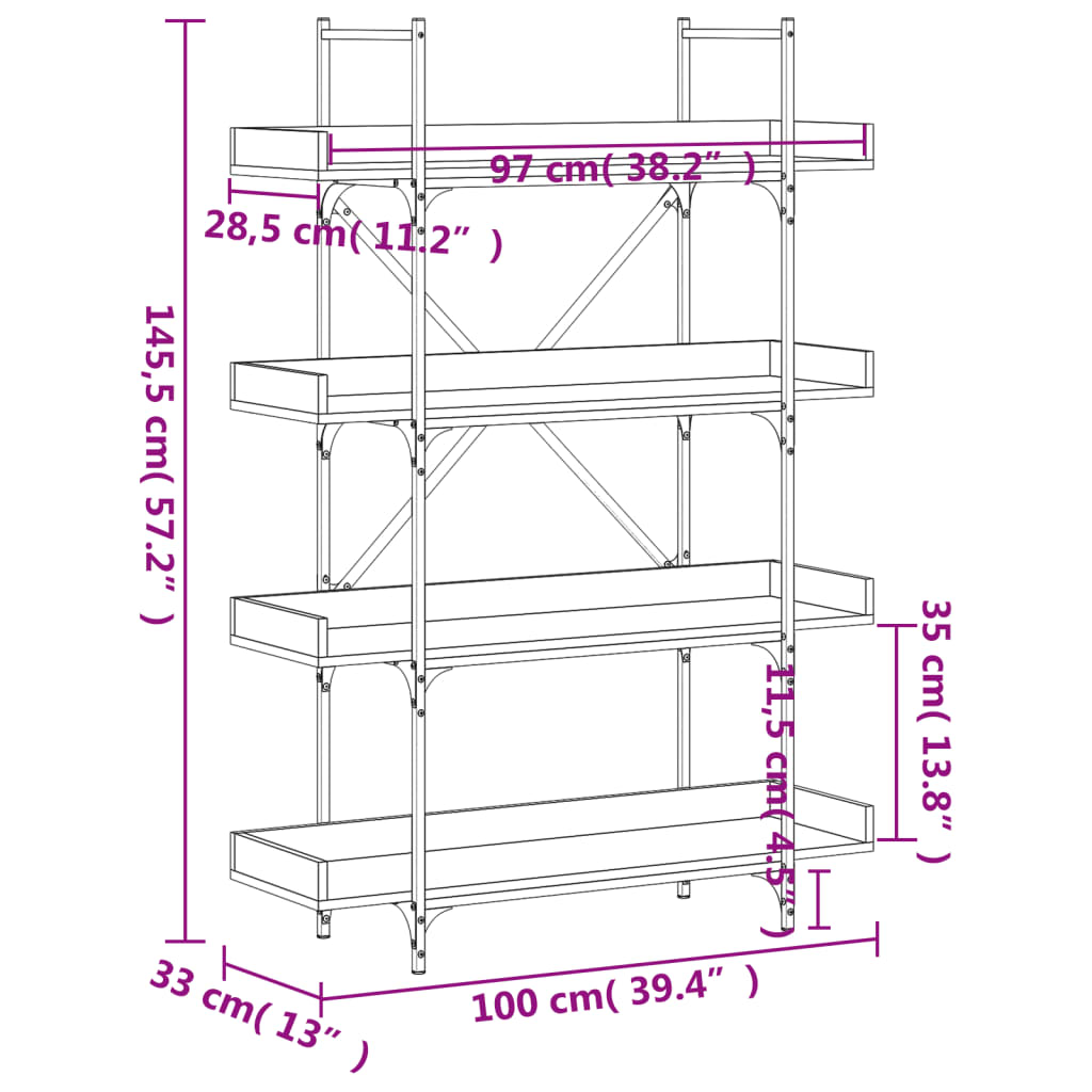 Grāmatu plaukts, 4 plaukti, pelēks ozols, 100x33x145,5cm, koks