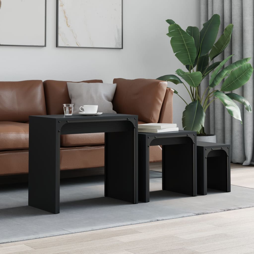 Stackable coffee tables, 3 pcs, black, engineered wood