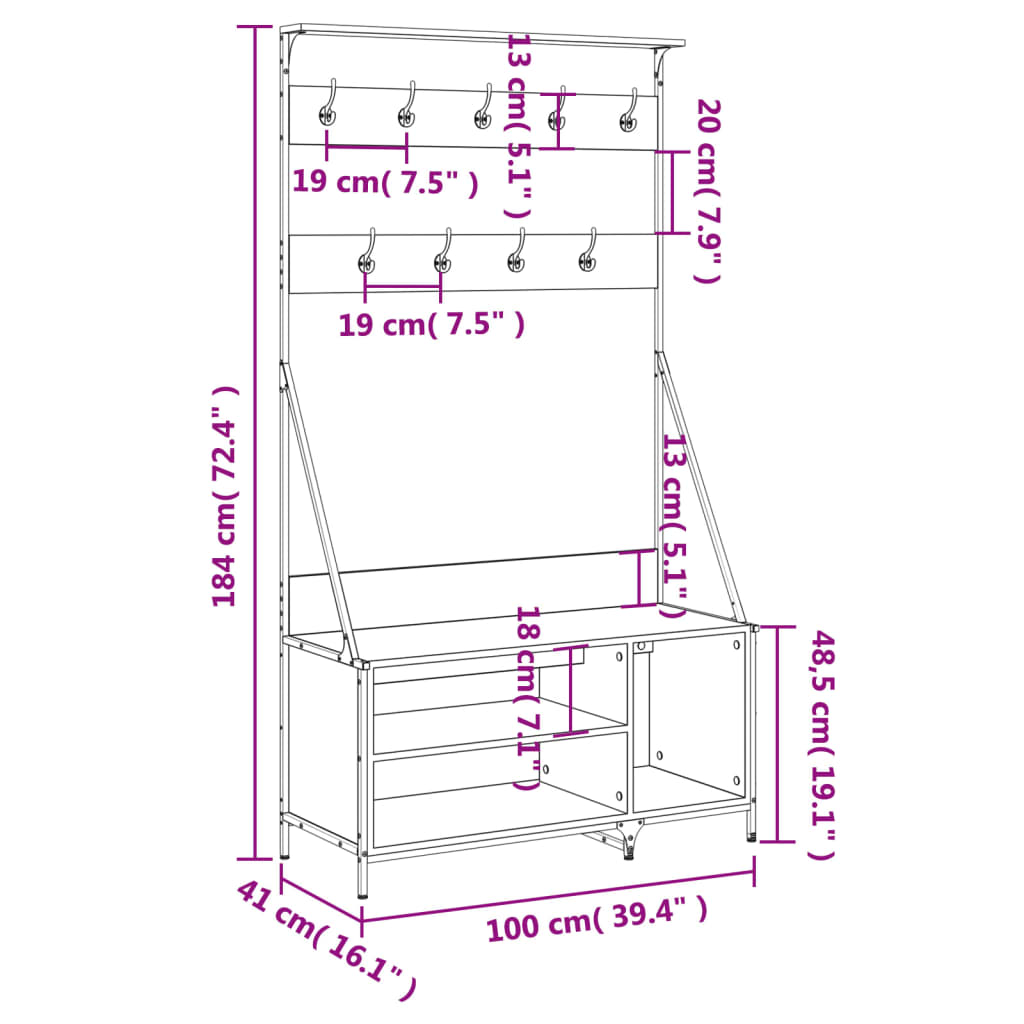 Clothes rack with shoe shelves, oak, 100x41x184cm