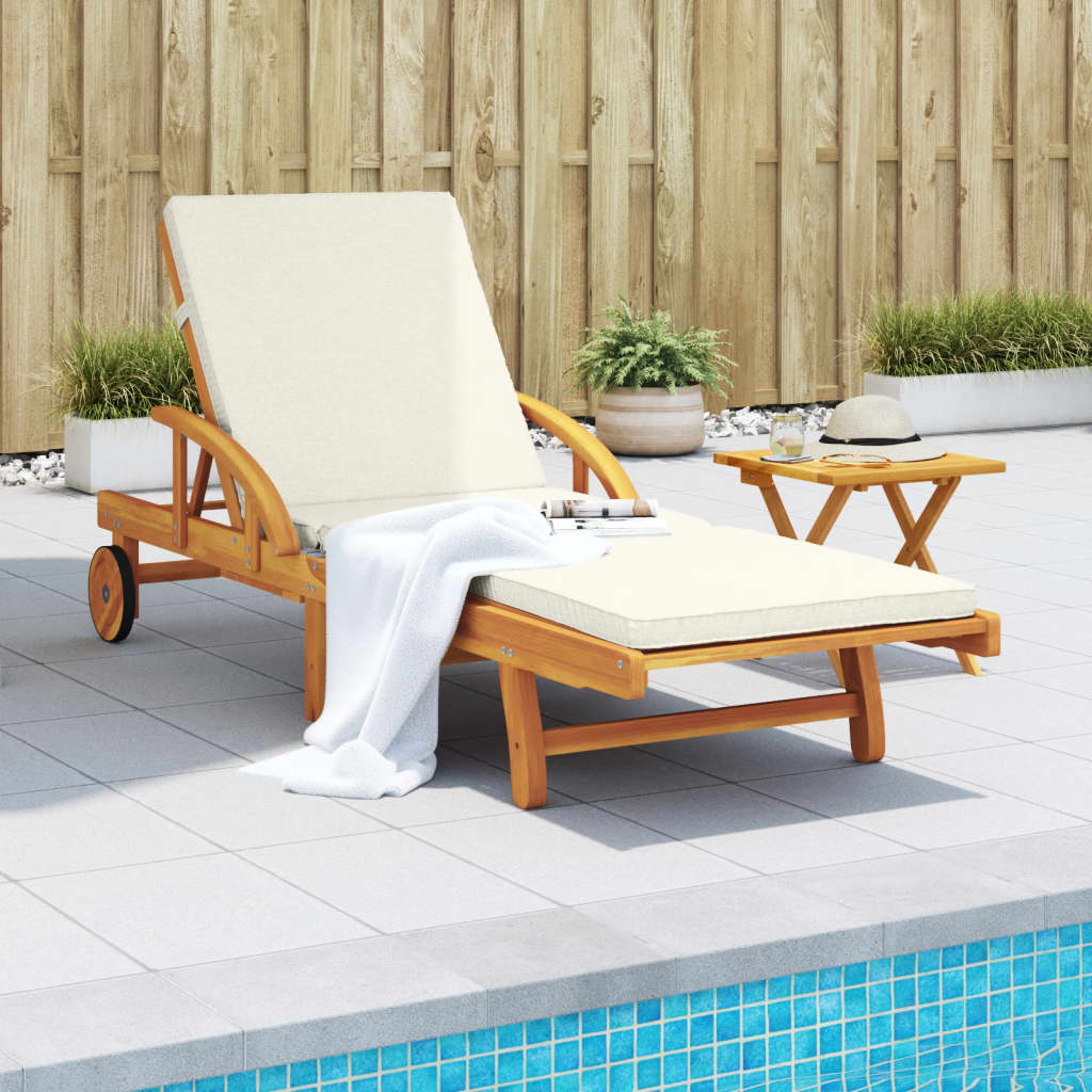 Acacia solid wood sun lounger with cushion and side table
