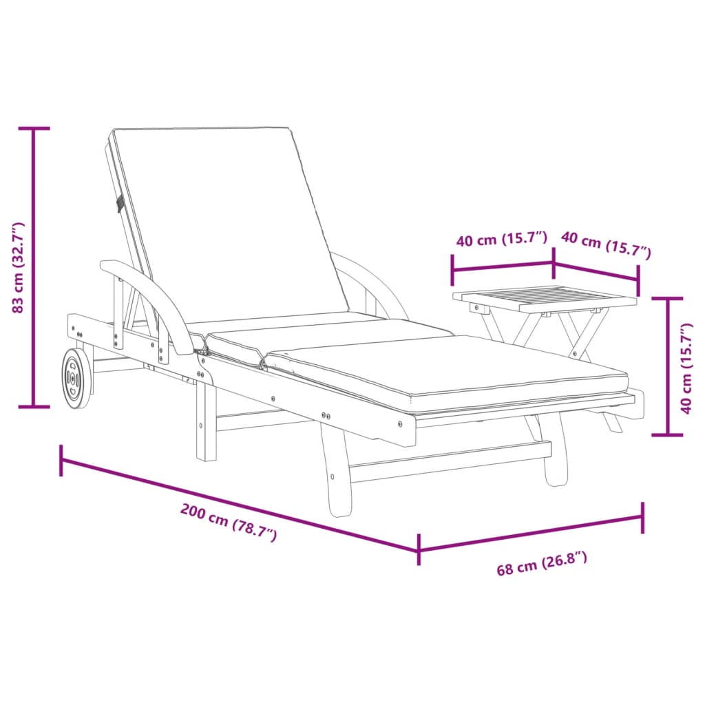 Acacia solid wood sun lounger with cushion and side table