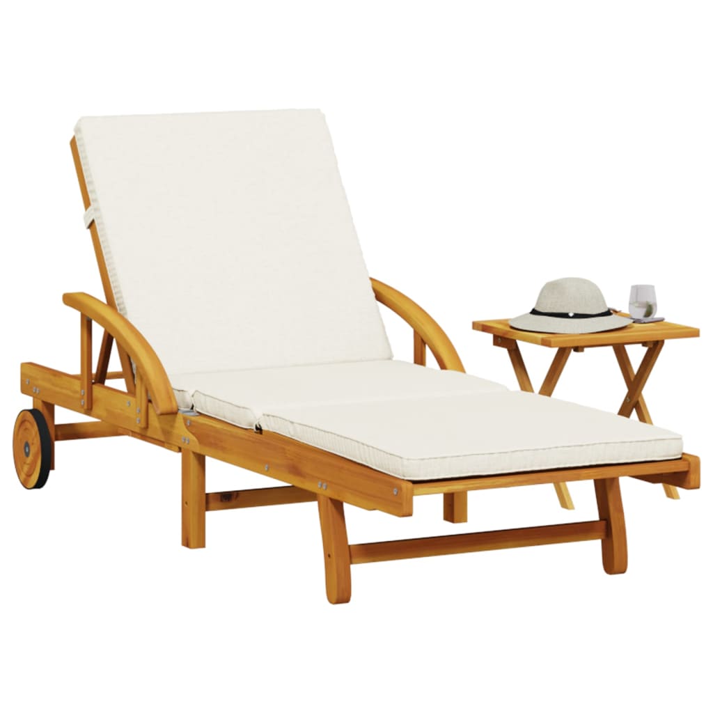 Acacia solid wood sun lounger with cushion and side table