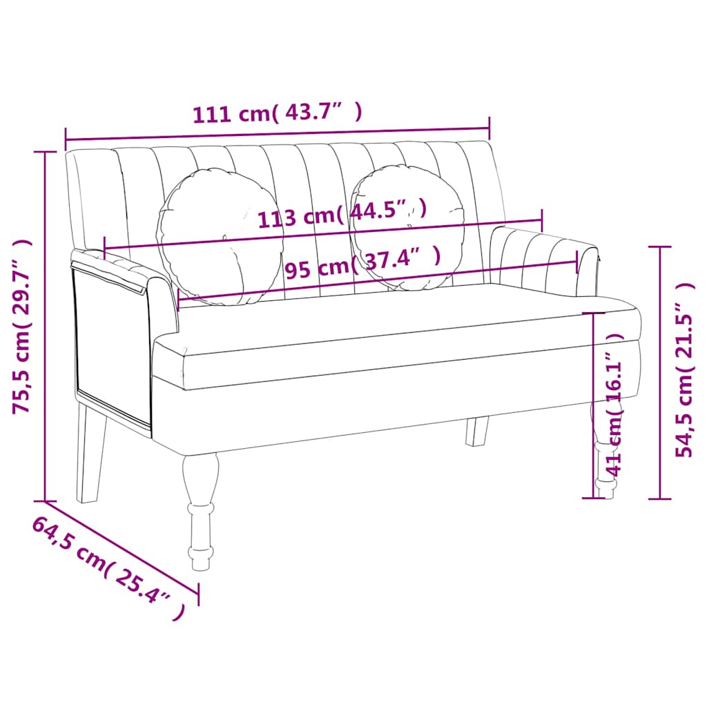 Bench with cushions, black, 113x64.5x75.5cm, fabric
