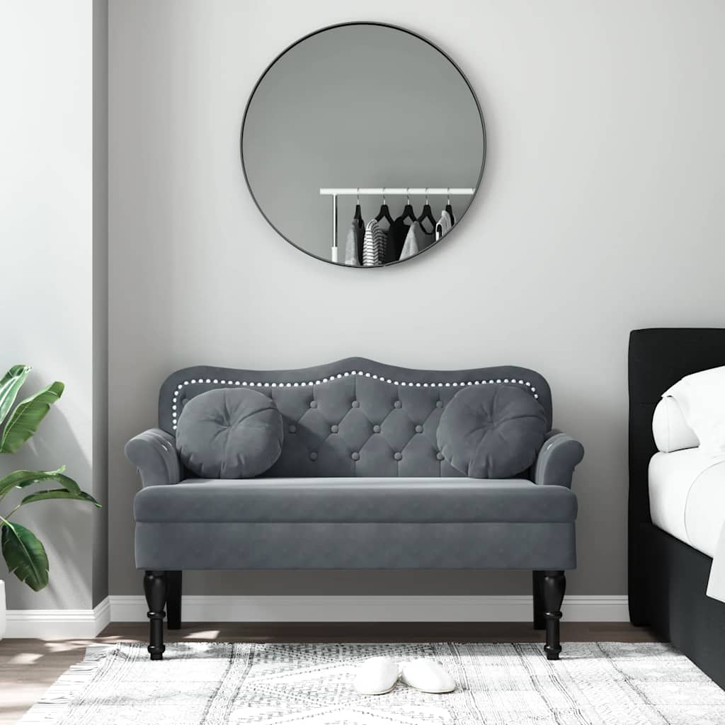 Bench with cushions, gray, 120.5x65x75cm, velvet