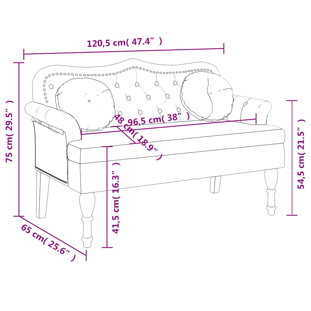 Bench with cushions, gray, 120.5x65x75cm, velvet
