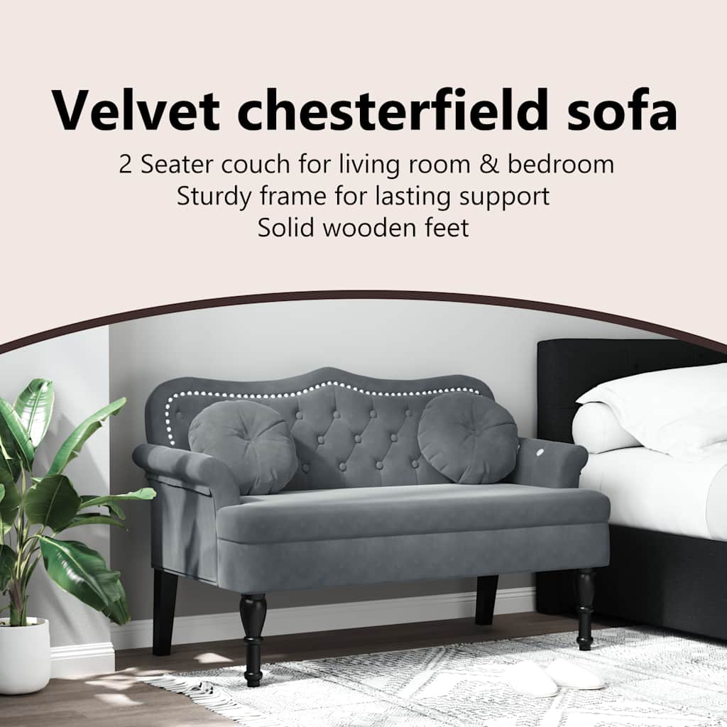 Bench with cushions, gray, 120.5x65x75cm, velvet