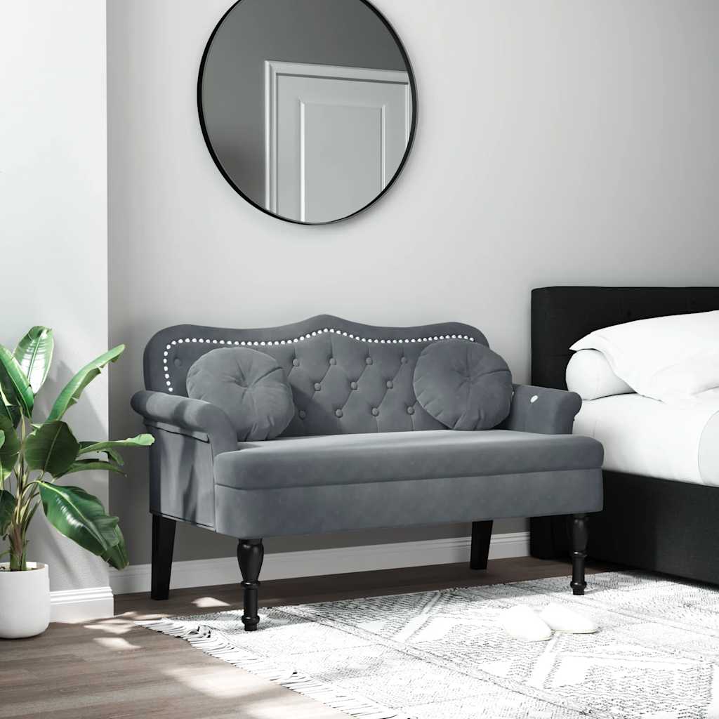Bench with cushions, gray, 120.5x65x75cm, velvet
