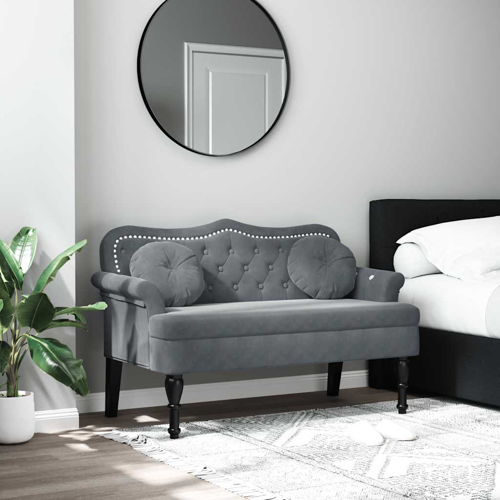 Bench with cushions, gray, 120.5x65x75cm, velvet