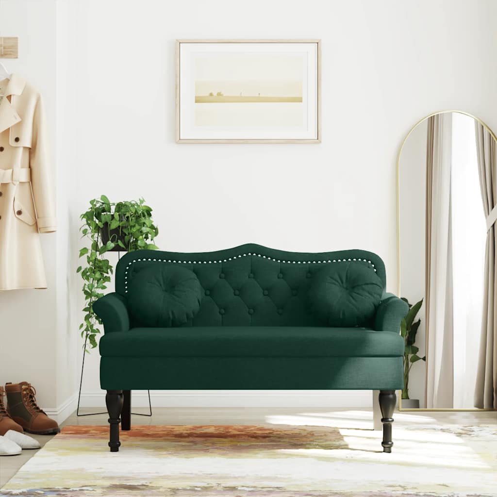 Bench with cushions, green, 120.5x65x75cm, velvet