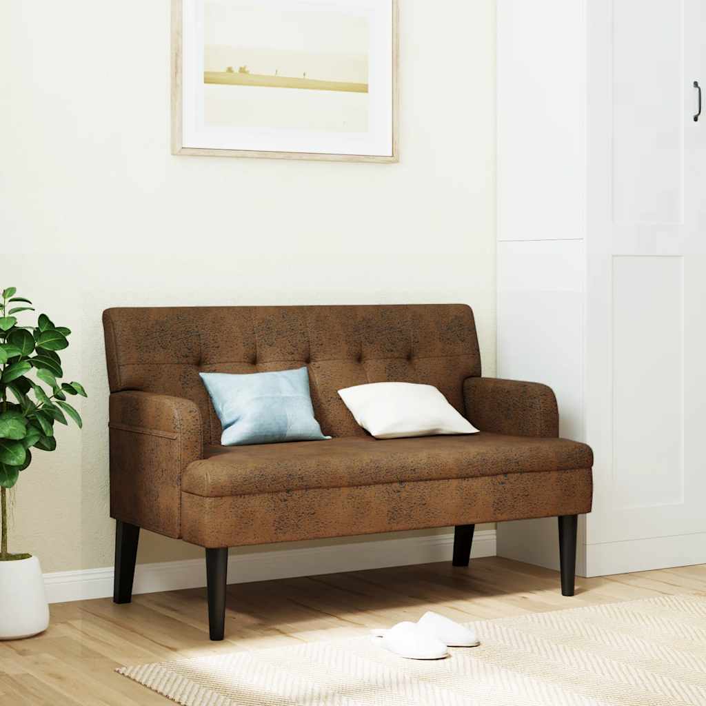 Bench with backrest, brown, 112x65.5x75cm, faux suede
