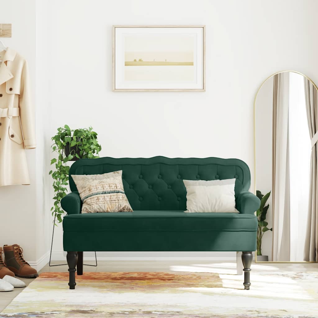 Bench with backrest, dark green, 119.5x64.5x75cm, velvet