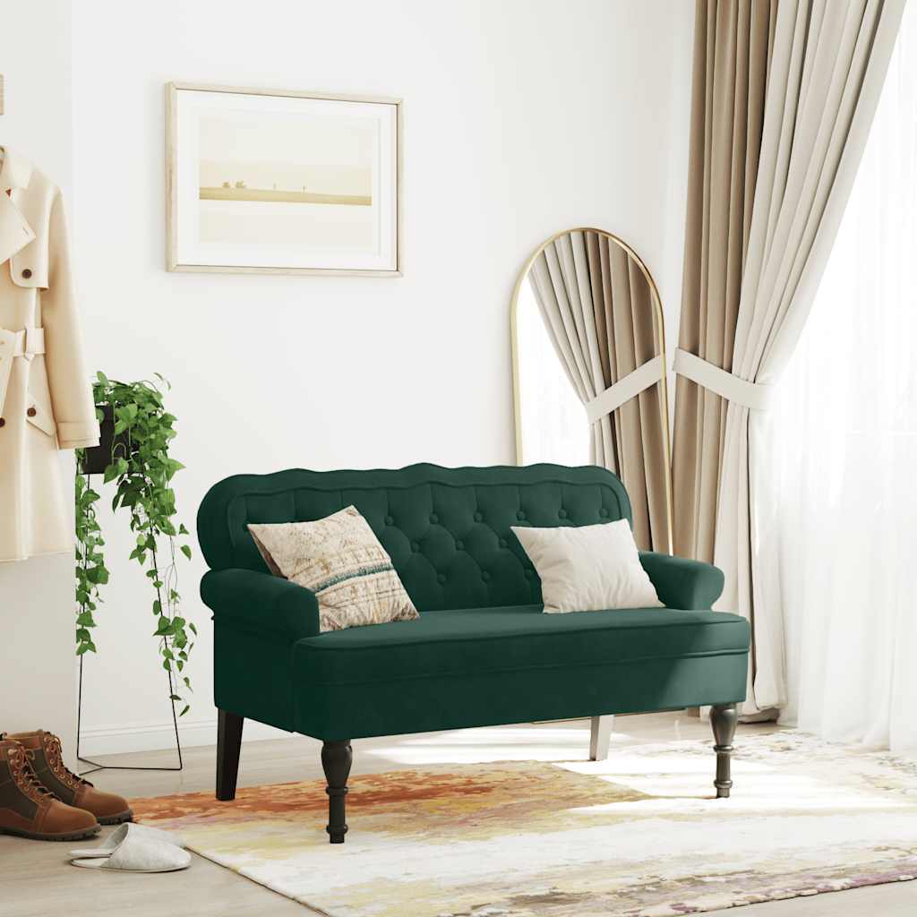 Bench with backrest, dark green, 119.5x64.5x75cm, velvet