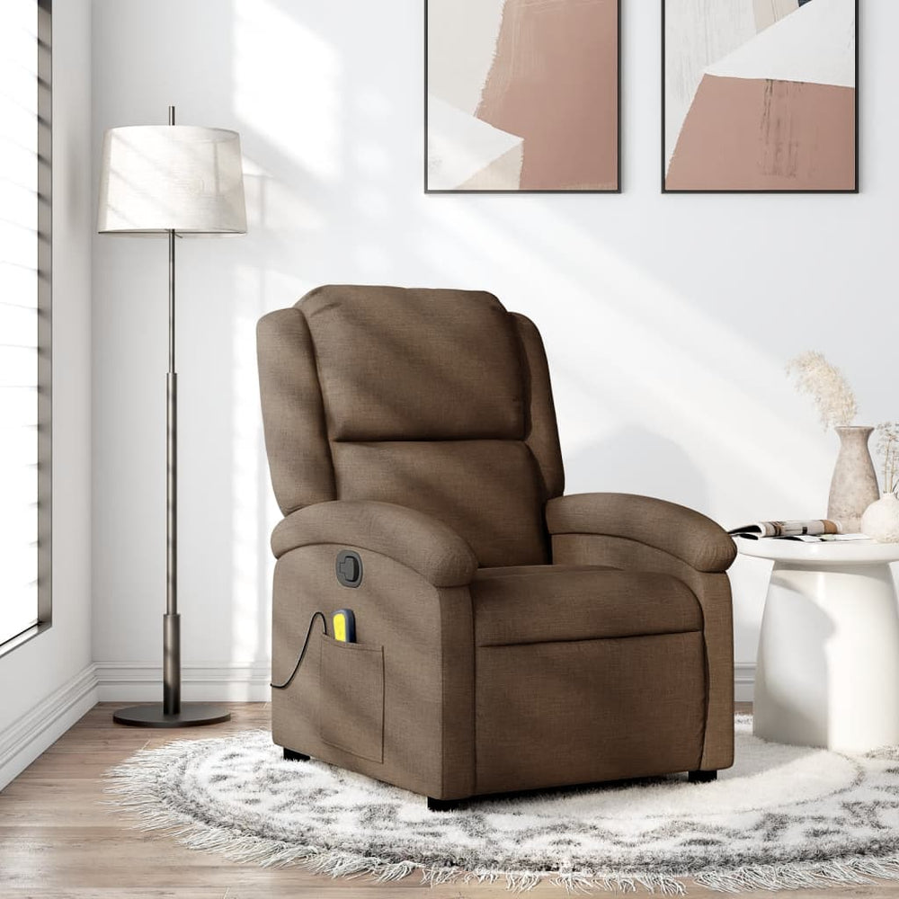 Reclining massage armchair, brown, fabric