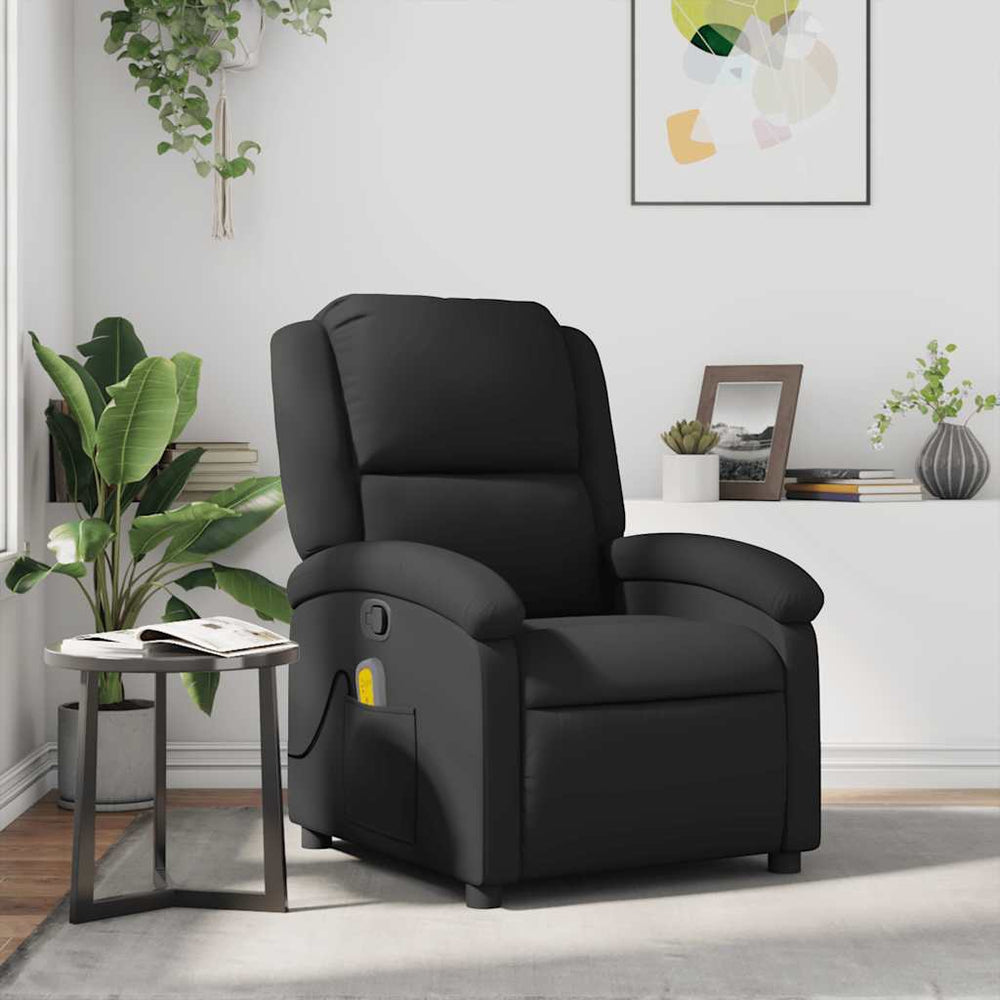 Reclining massage chair, black, genuine leather