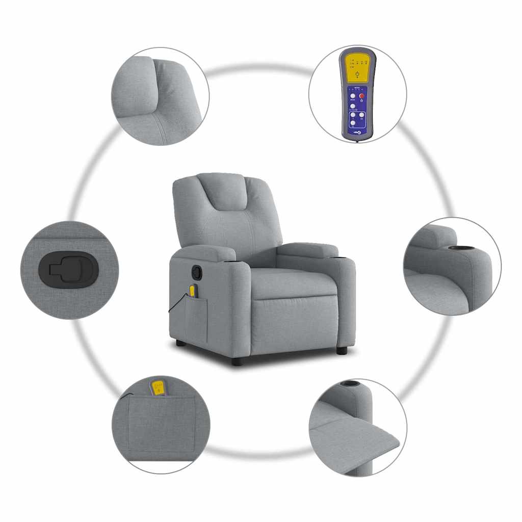 Reclining massage chair, light grey, fabric