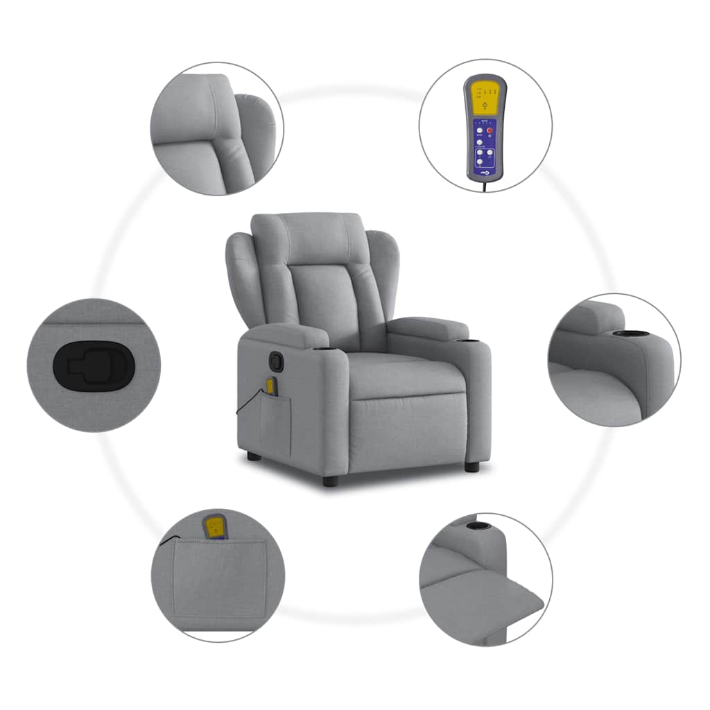 Reclining massage chair, light grey, fabric