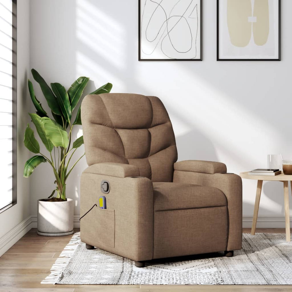 Reclining massage armchair, brown, fabric