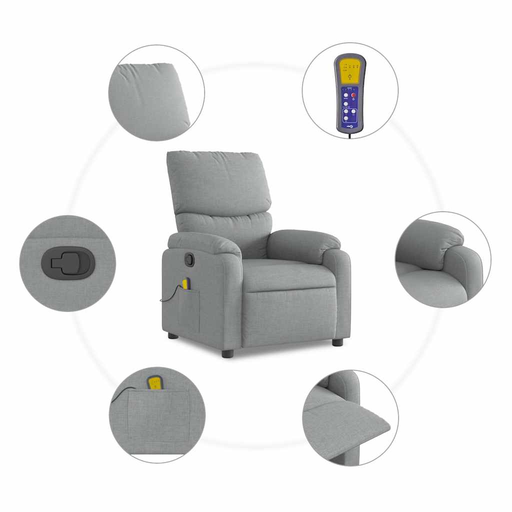 Reclining massage chair, light grey, fabric