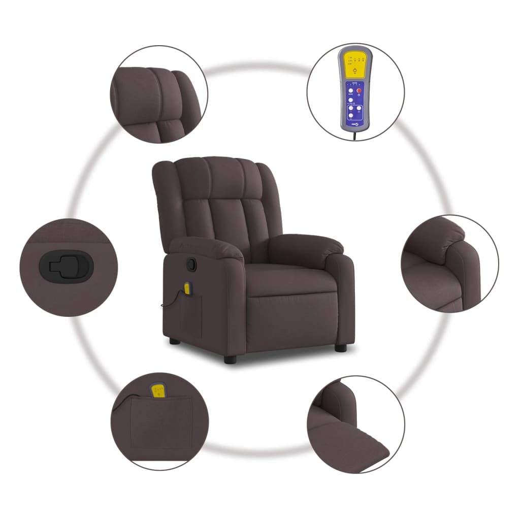 Reclining massage chair, dark brown, fabric