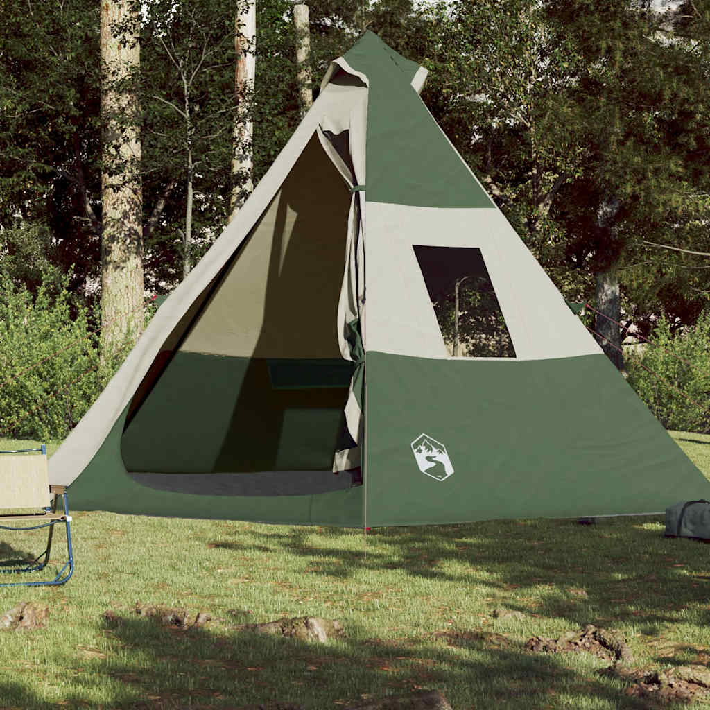 Camping tent, green, seven-person, teepee design