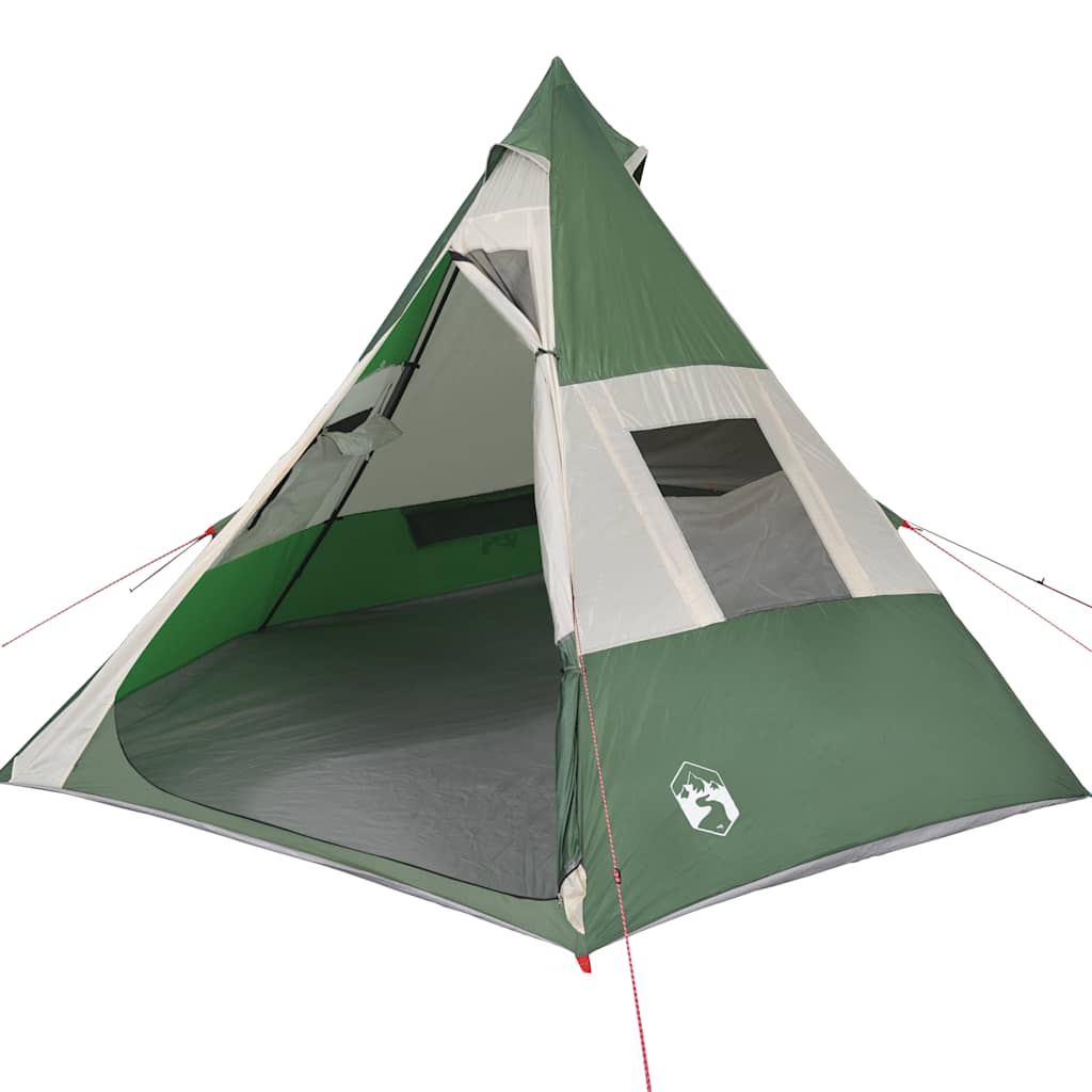 Camping tent, green, seven-person, teepee design