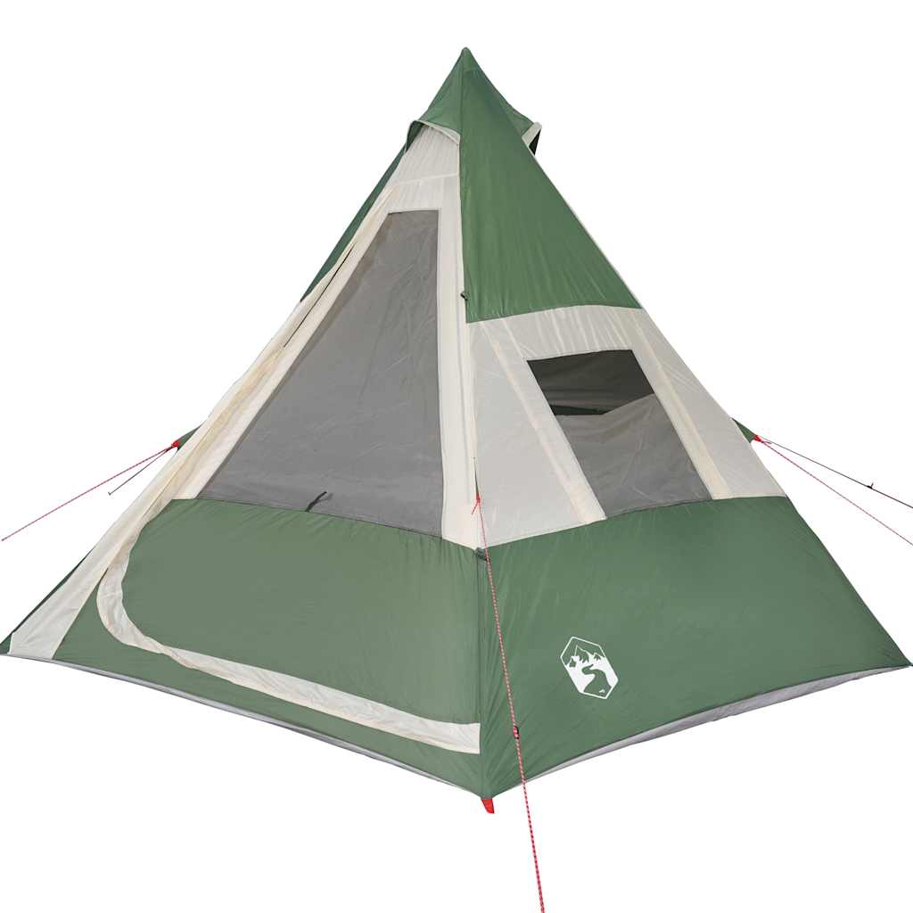Camping tent, green, seven-person, teepee design