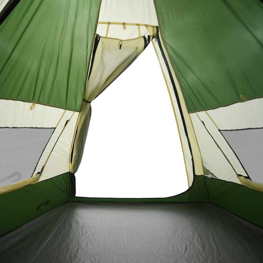 Camping tent, green, seven-person, teepee design