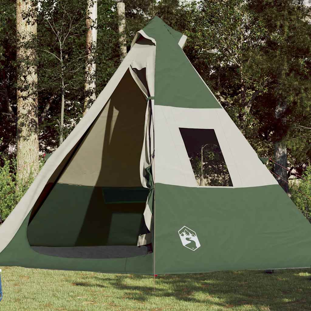 Camping tent, green, seven-person, teepee design