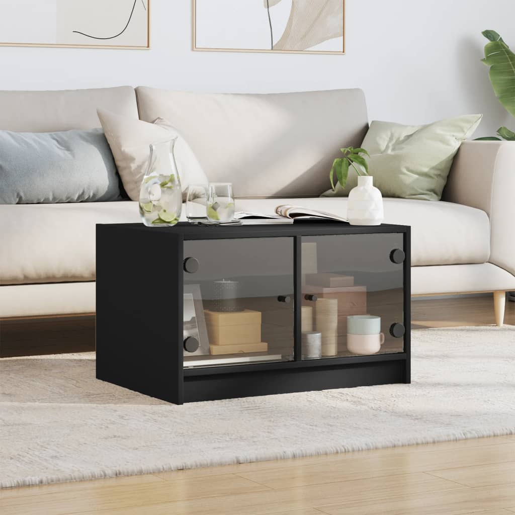 Coffee table with glass doors, black, 68x50x42cm