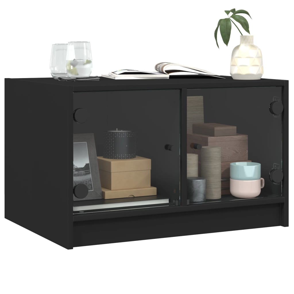Coffee table with glass doors, black, 68x50x42cm