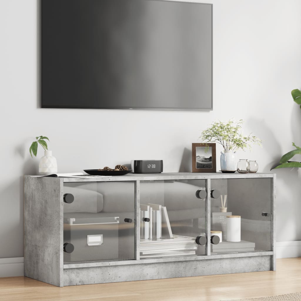 TV cabinet with glass doors, concrete, 102x37x42cm
