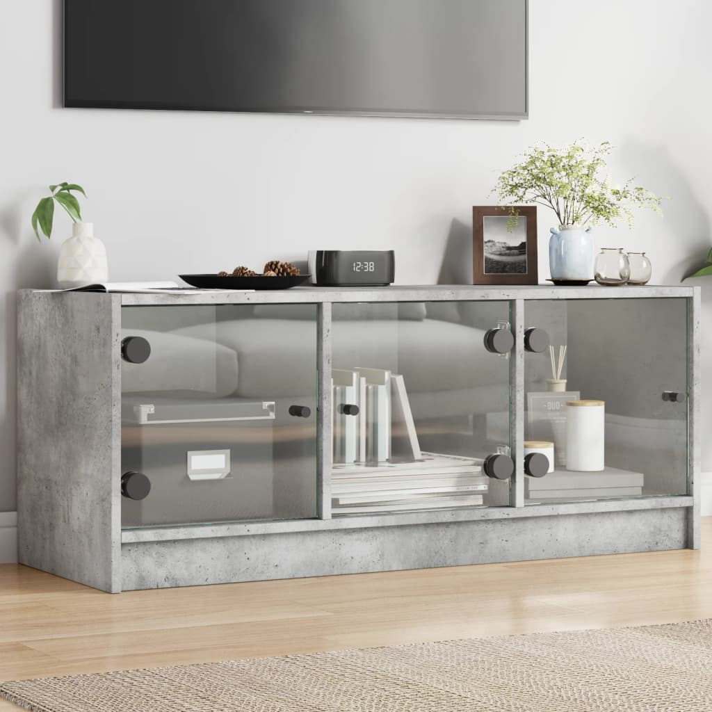 TV cabinet with glass doors, concrete, 102x37x42cm