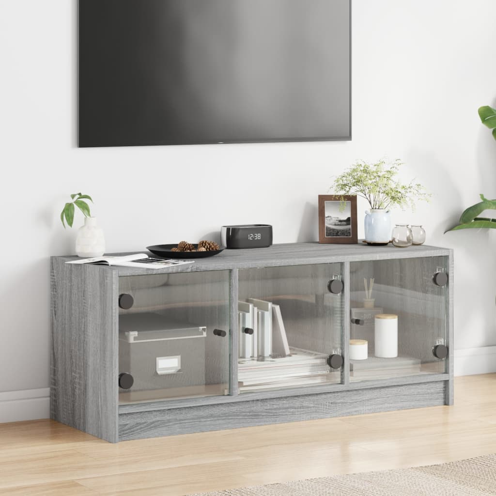 TV skapītis ar stikla durvīm, pelēks ozols, 102x37x42cm