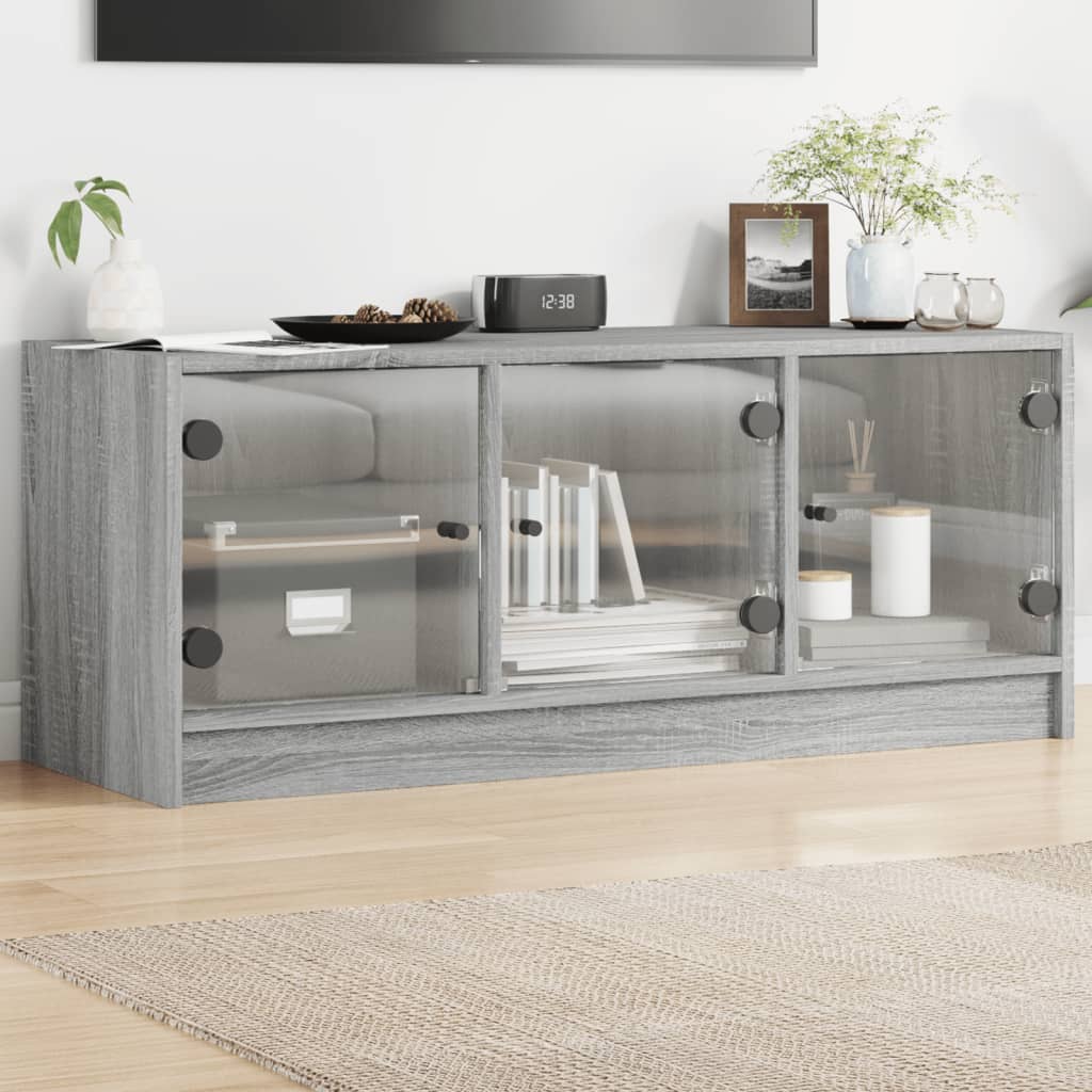 TV skapītis ar stikla durvīm, pelēks ozols, 102x37x42cm