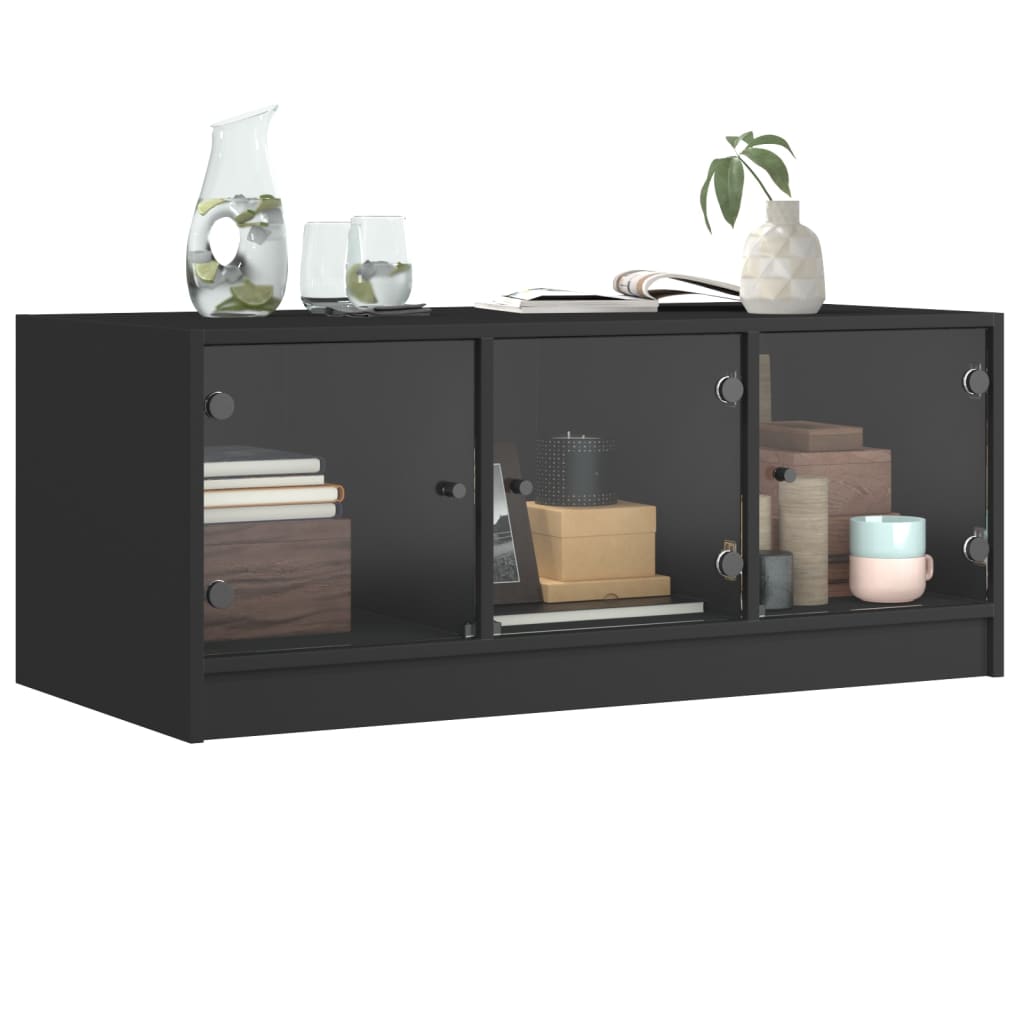 Coffee table with glass doors, black, 102x50x42cm