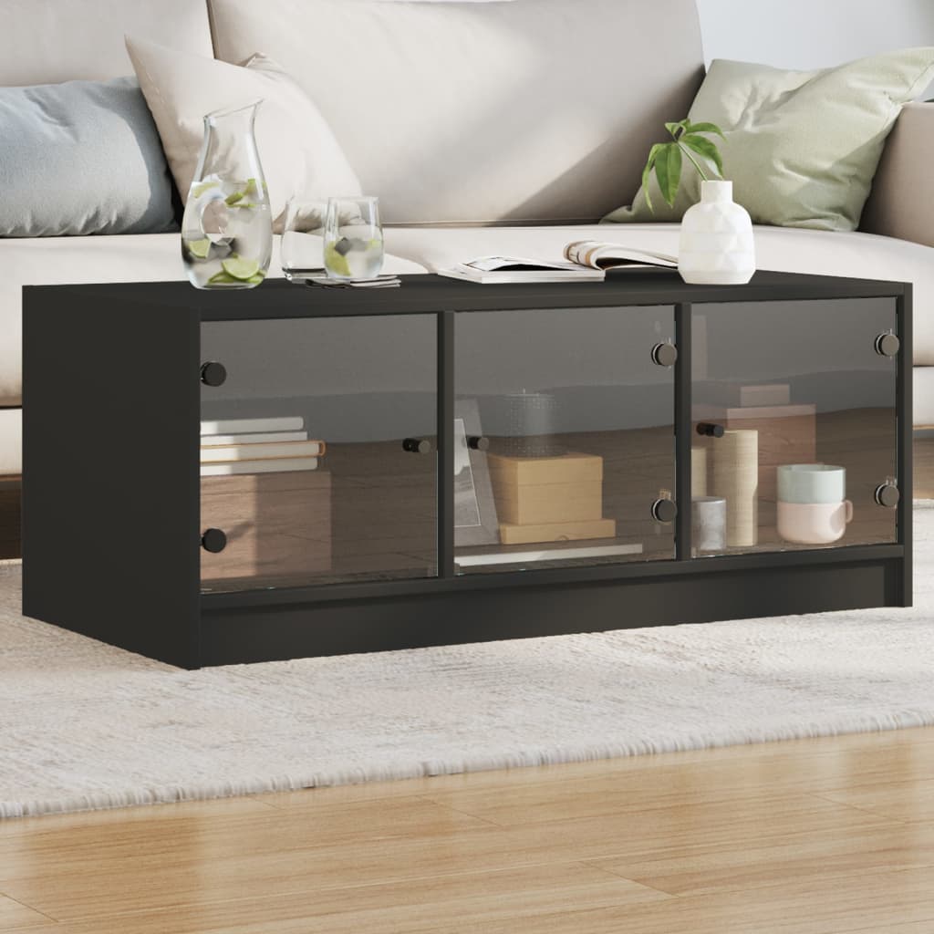 Coffee table with glass doors, black, 102x50x42cm