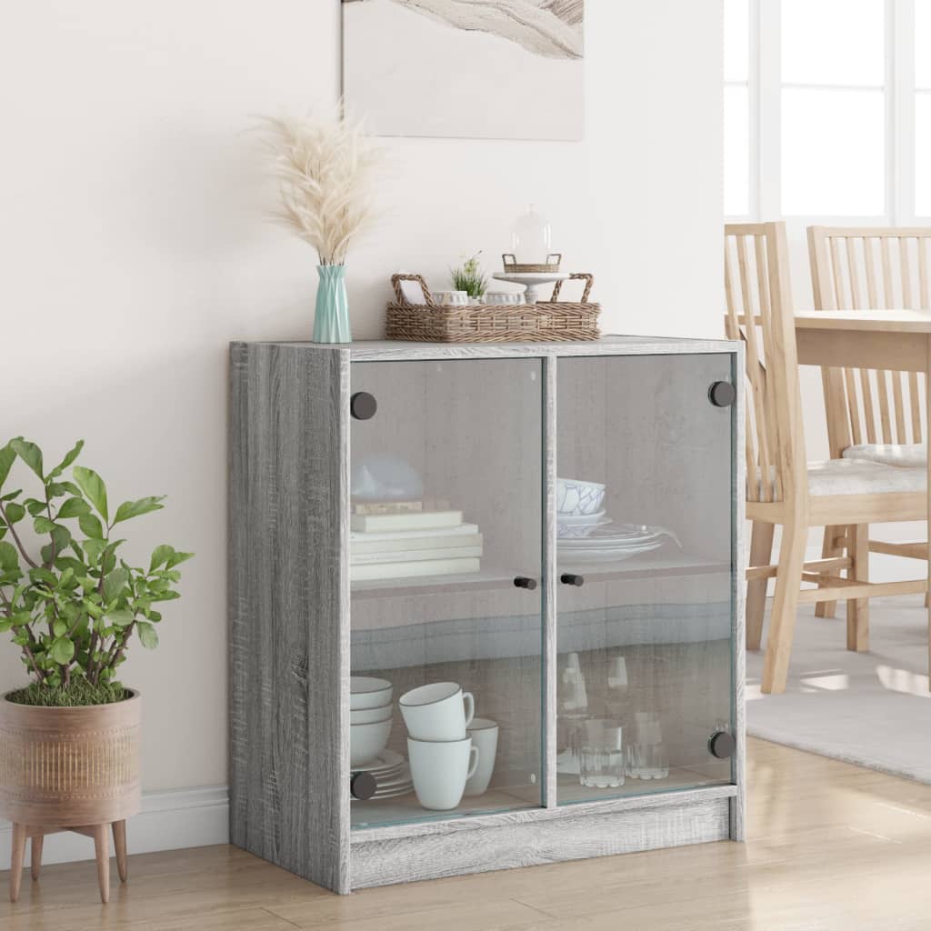 Side cabinet with glass doors, gray, 68x37x75.5cm