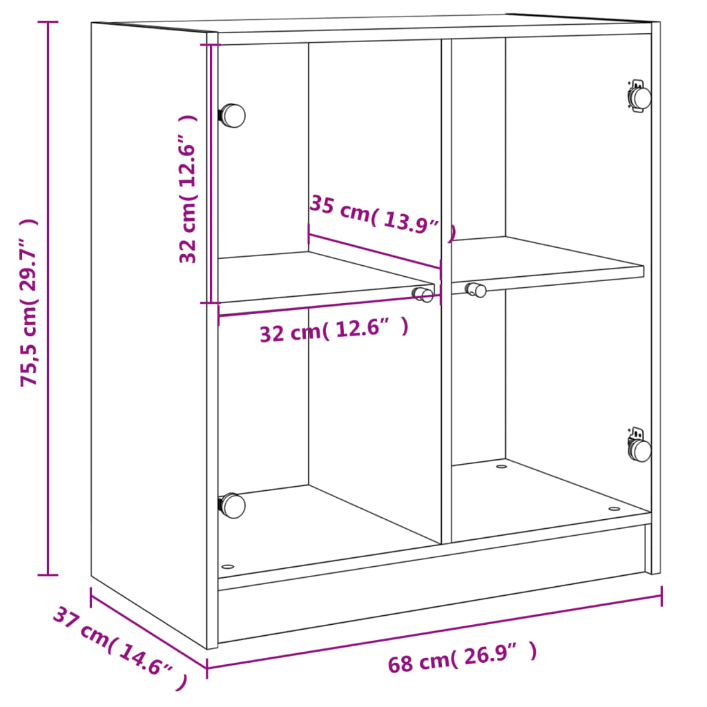 Side cabinet with glass doors, gray, 68x37x75.5cm