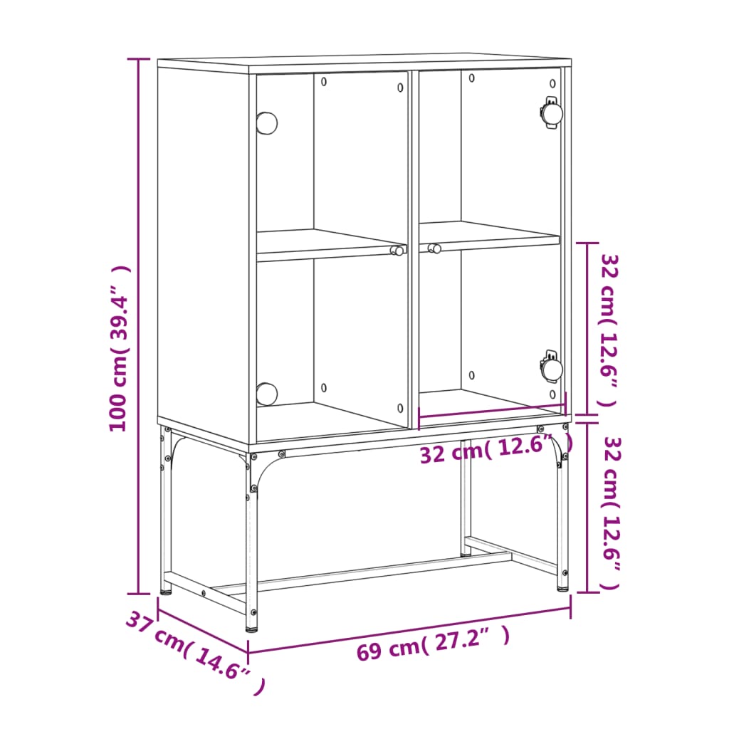Sideboard with glass doors, concrete, 69x37x100cm