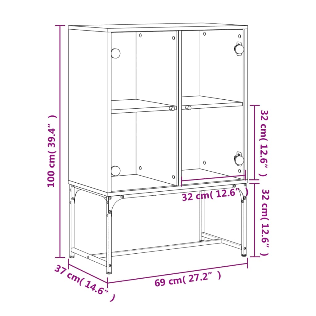 Side cabinet with glass doors, grey, 69x37x100cm